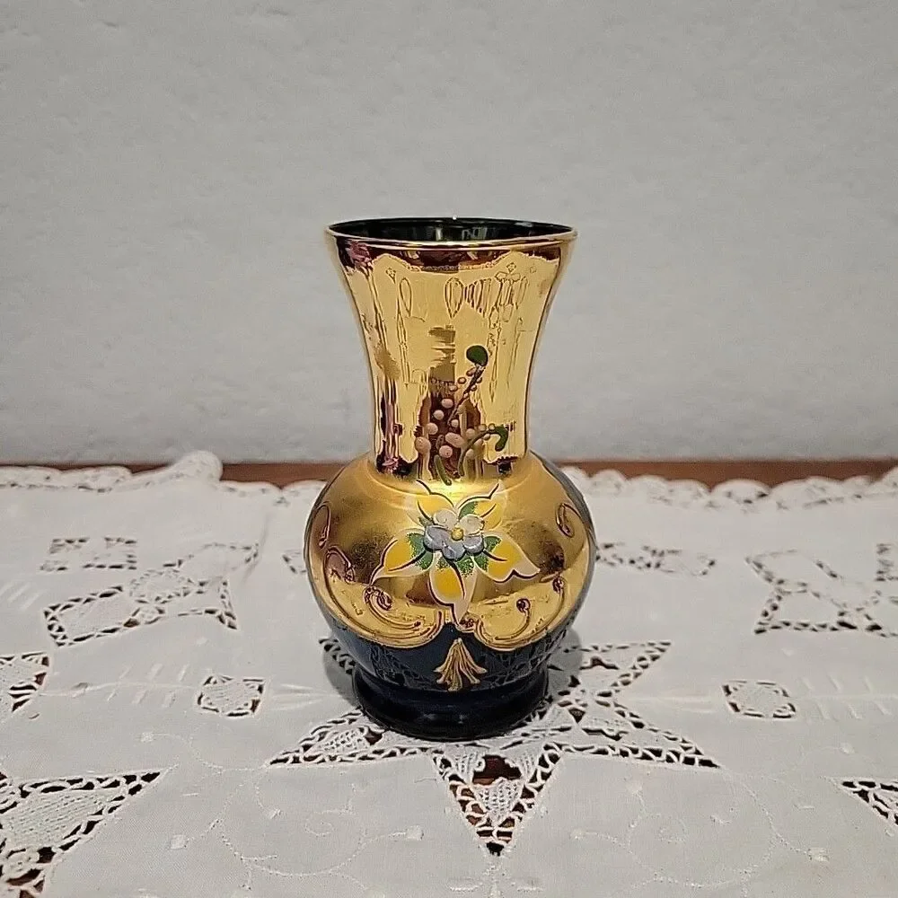 Vintage Venetian Murano Cobalt Blue Vase Floral Enamel 24K Gold Painted Art 4